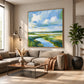 Marshlight Bend artwork displayed above a neutral sectional.
