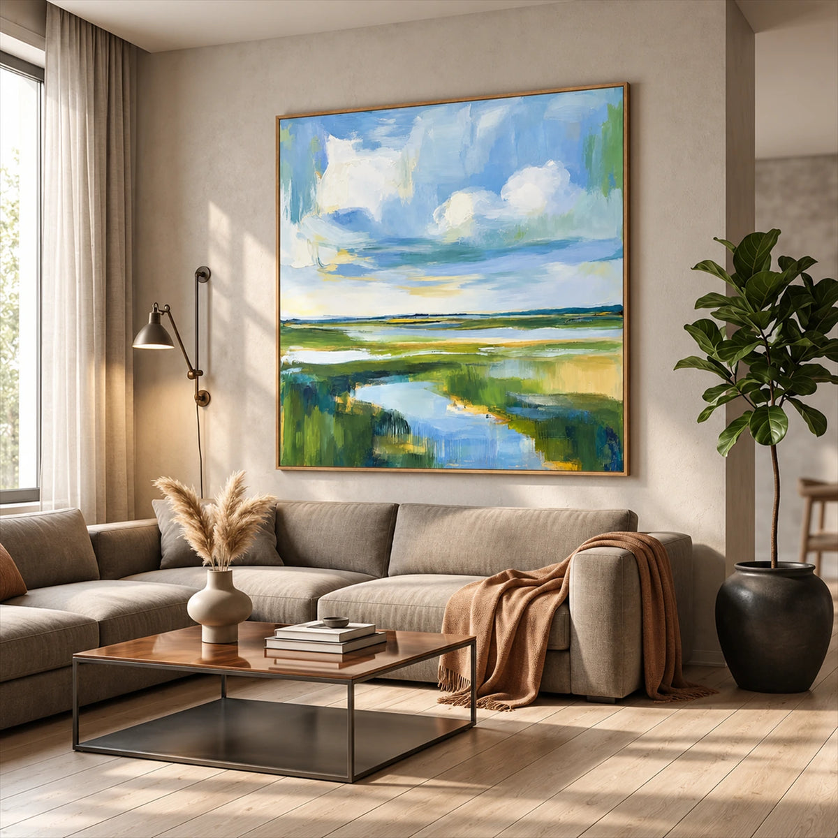 Marshlight Bend artwork displayed above a neutral sectional.