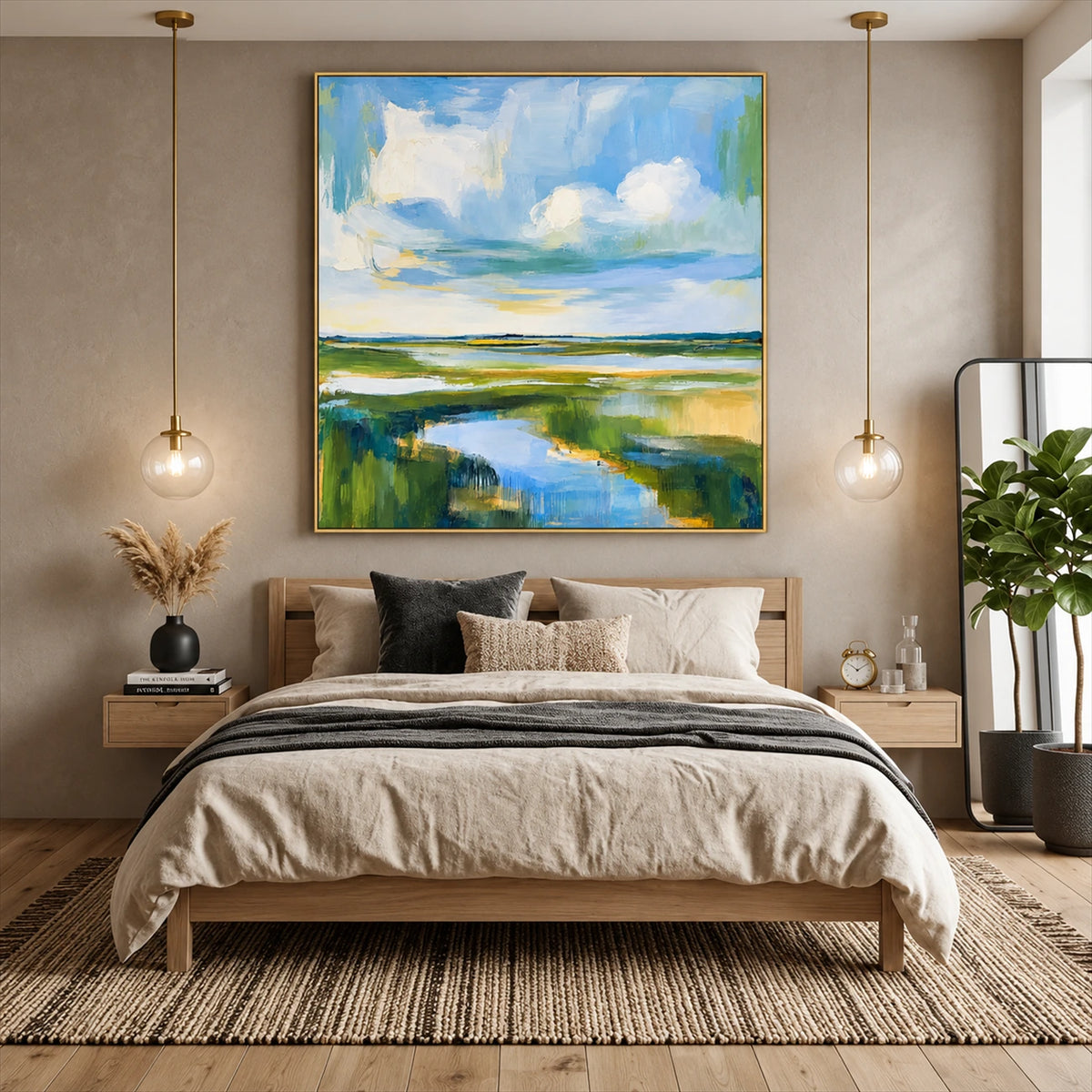 Marshlight Bend artwork displayed above a bed between pendant lights.