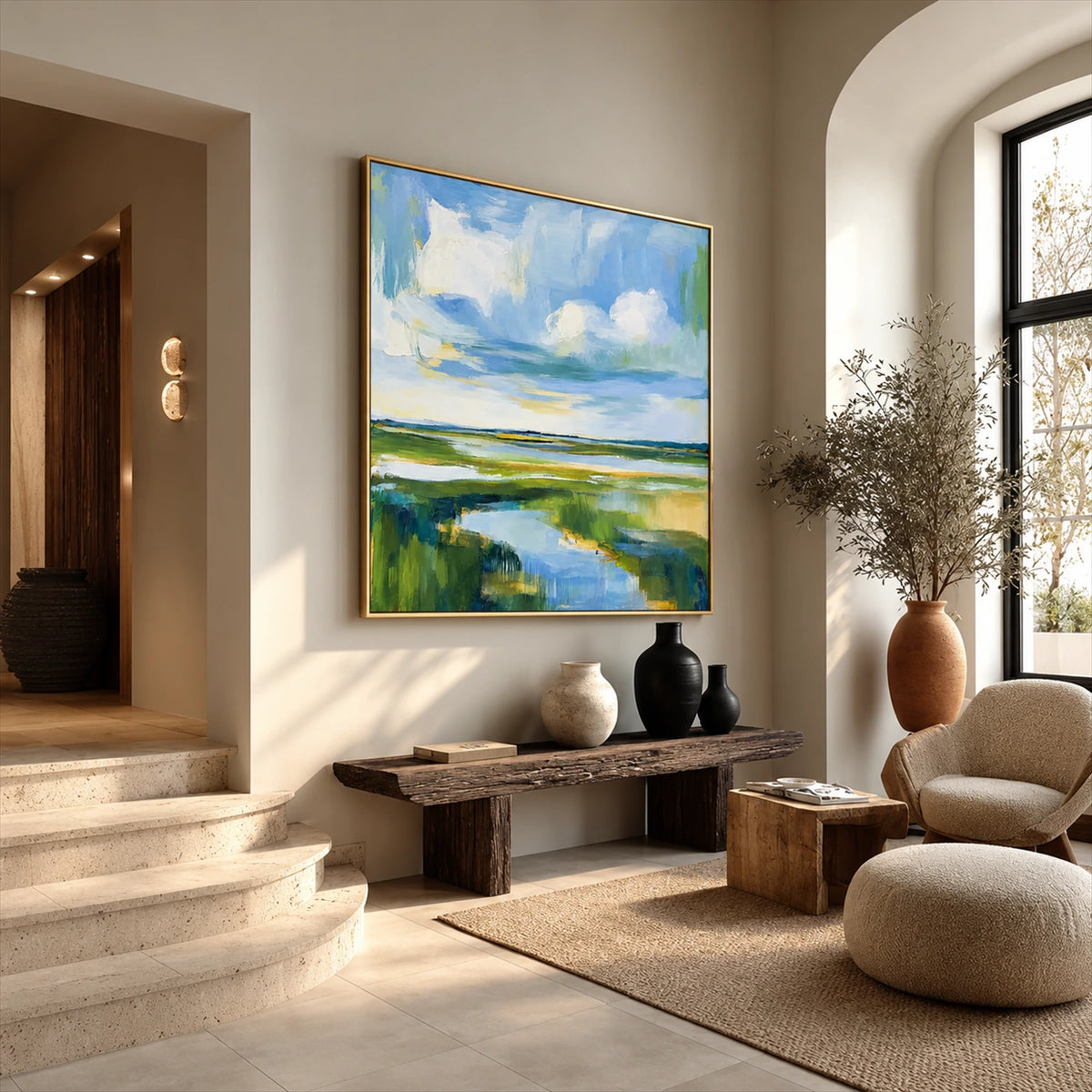 Marshlight Bend artwork displayed above a bench beside an arched window.