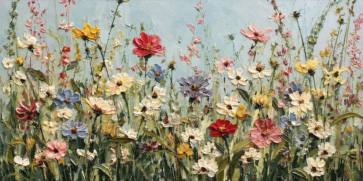 Wildflower Chorus full artwork. Tall stems carry red, pink, yellow, and ivory flowers across a soft blue sky.