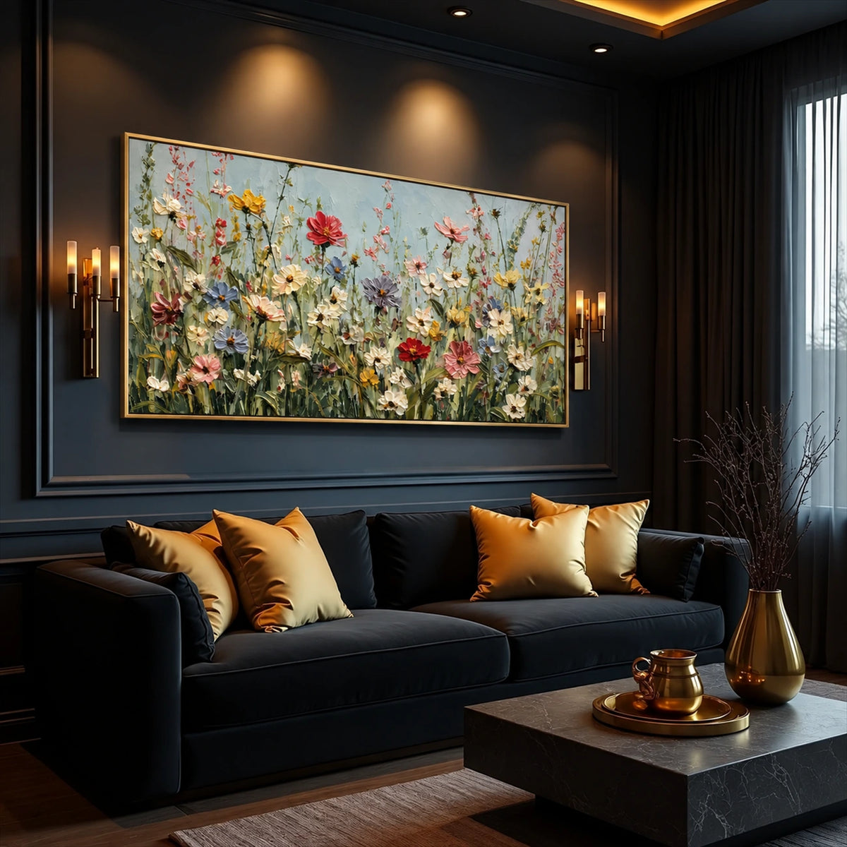 Wildflower Chorus artwork displayed above a dark sofa with gold cushions.