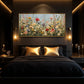 Wildflower Chorus artwork displayed above a dark upholstered bed.