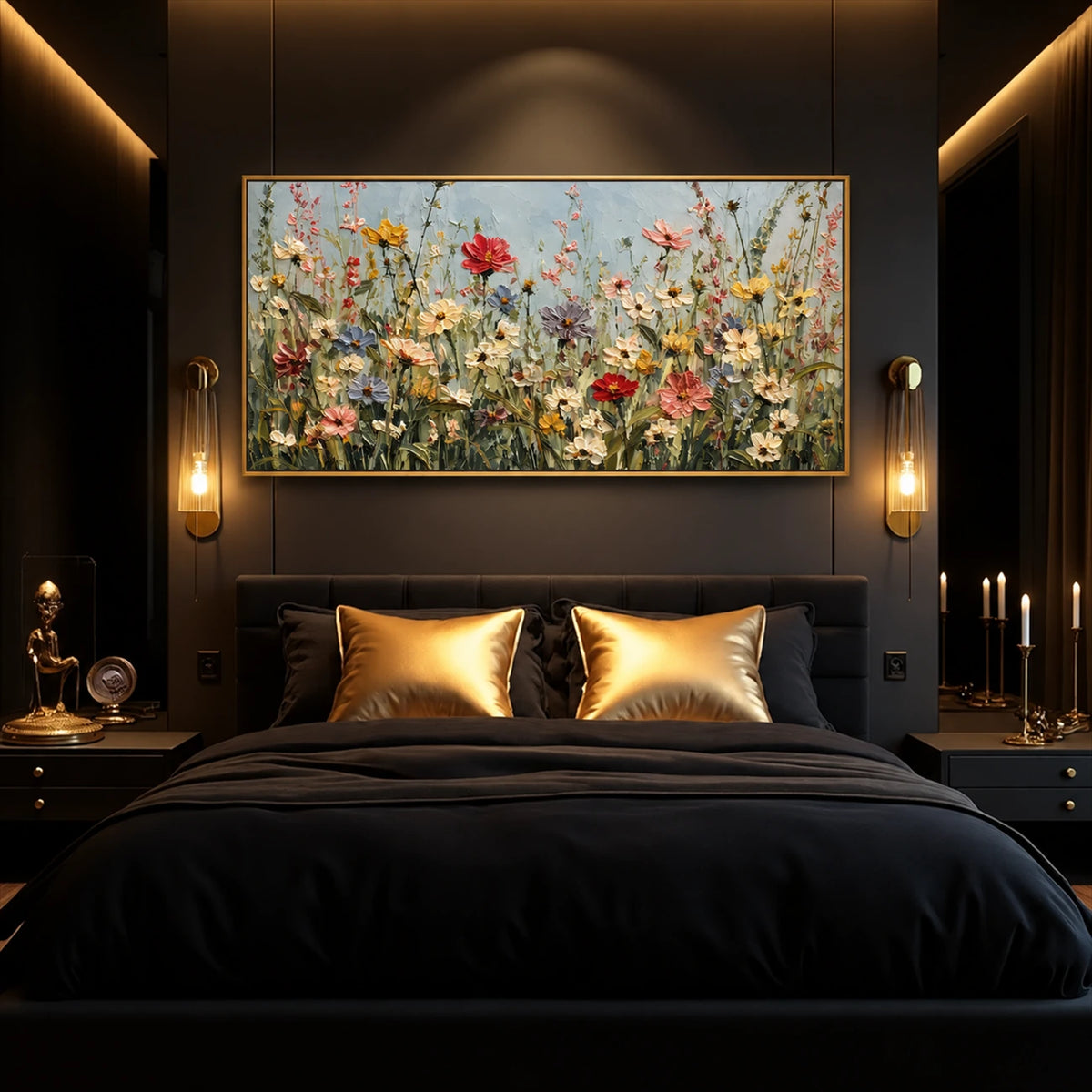 Wildflower Chorus artwork displayed above a dark upholstered bed.