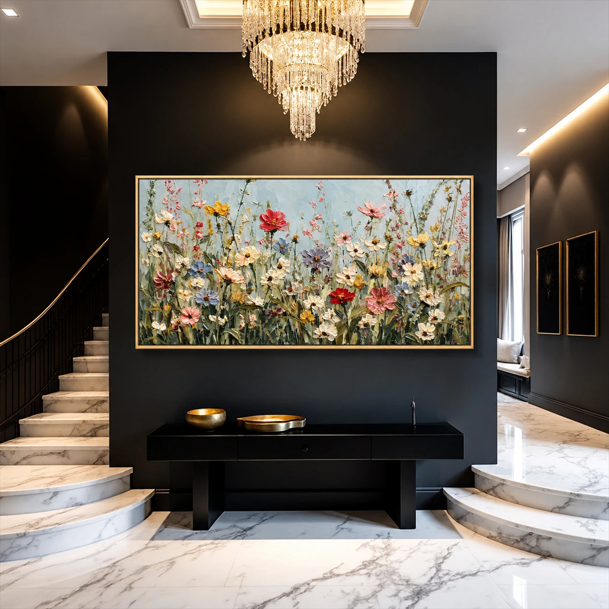 Wildflower Chorus artwork displayed above a black console beside stairs.