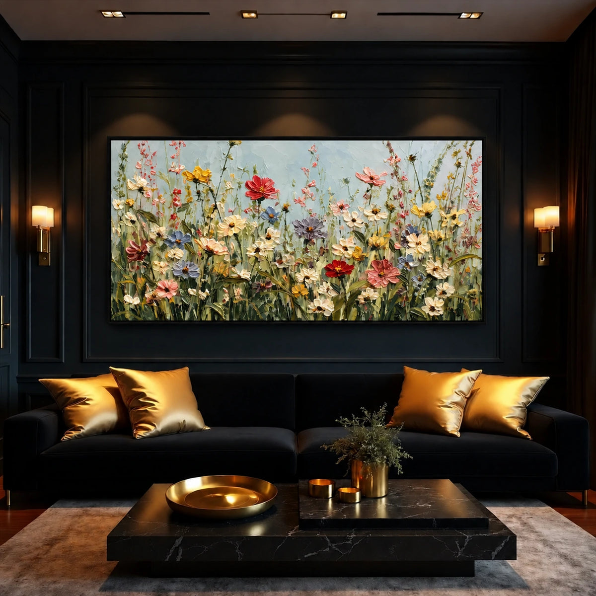 Wildflower Chorus artwork displayed above a dark sectional.
