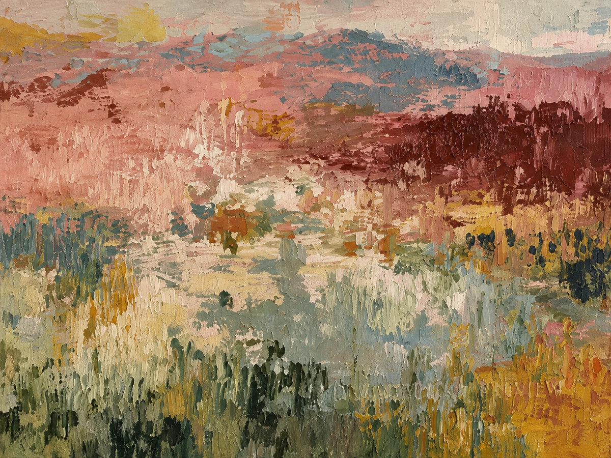 Rosefield Layers full artwork. Bands of dusty rose, burgundy, sage, and muted gold overlap in a loosely suggested landscape.
