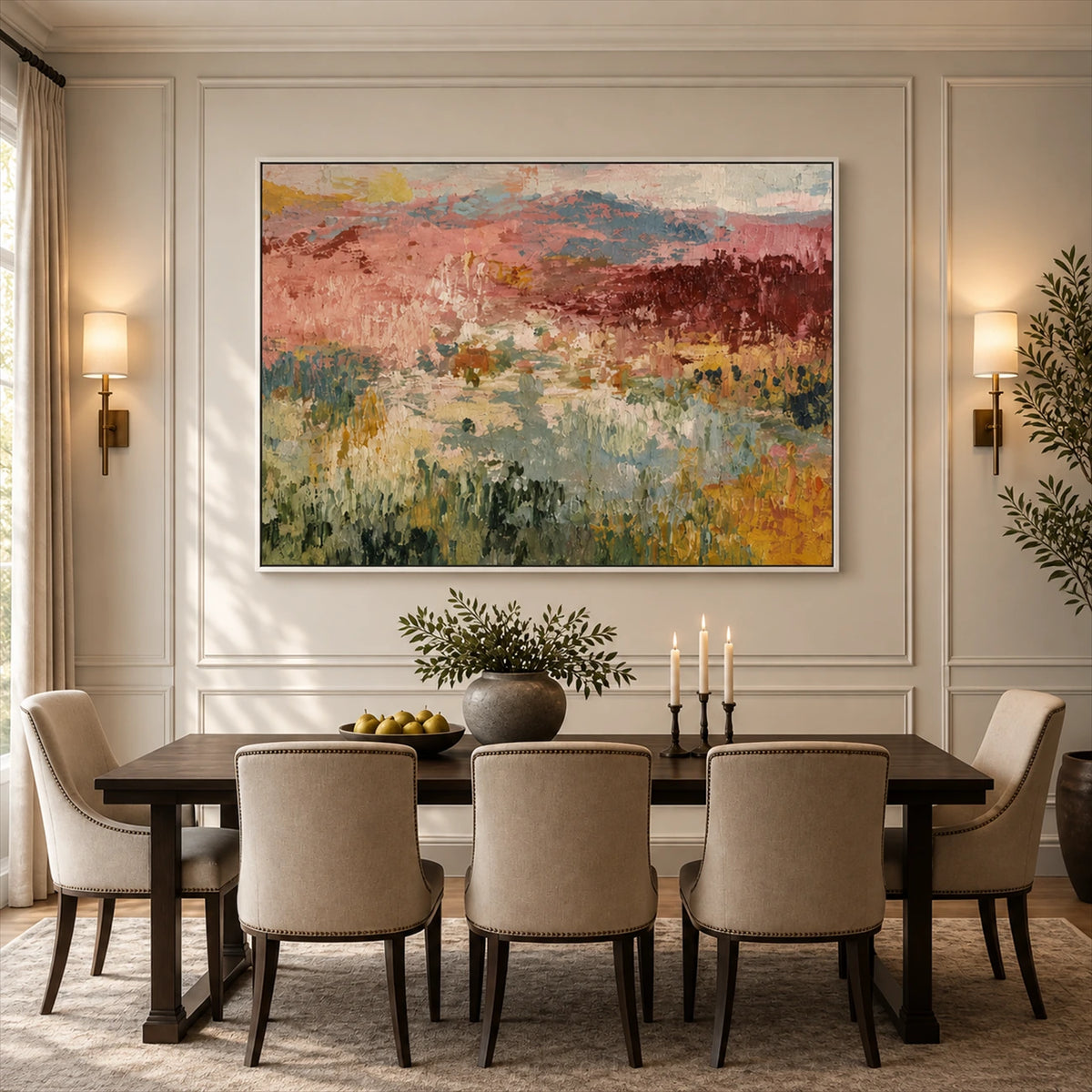Rosefield Layers artwork displayed above a wooden dining table.
