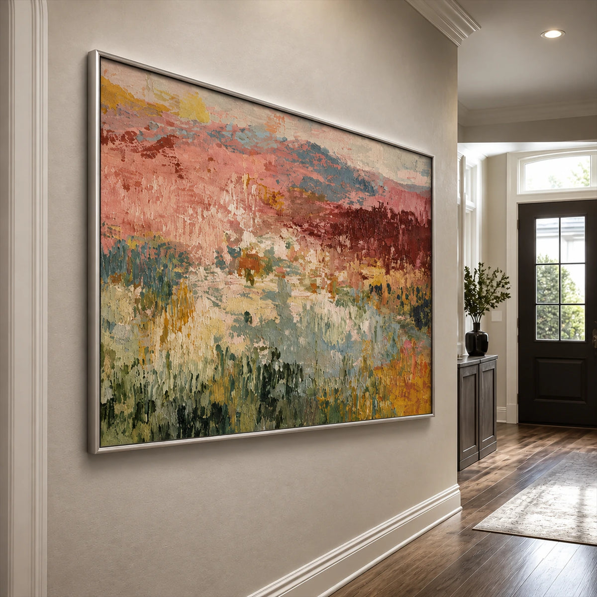 Rosefield Layers artwork displayed on a bright hallway wall.