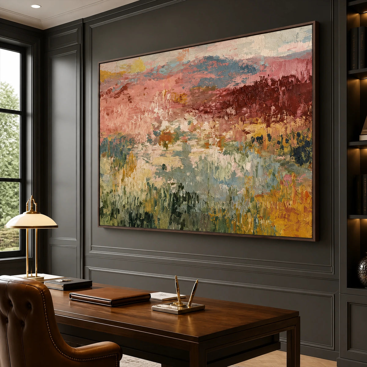 Rosefield Layers artwork displayed above a wooden desk.
