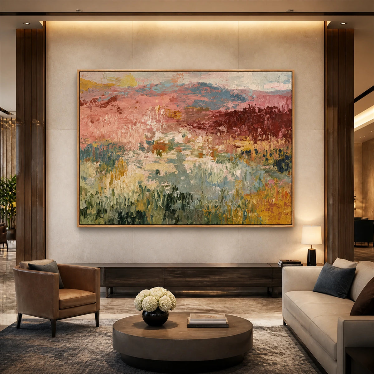 Rosefield Layers artwork displayed above a bench in a neutral lounge.