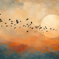 Amber Migration full artwork. A flock of dark birds crosses a pale sun in a sky washed with amber, cream, and smoky blue.