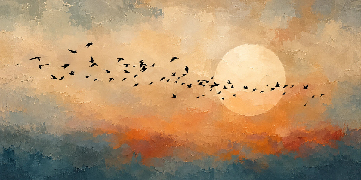 Amber Migration full artwork. A flock of dark birds crosses a pale sun in a sky washed with amber, cream, and smoky blue.