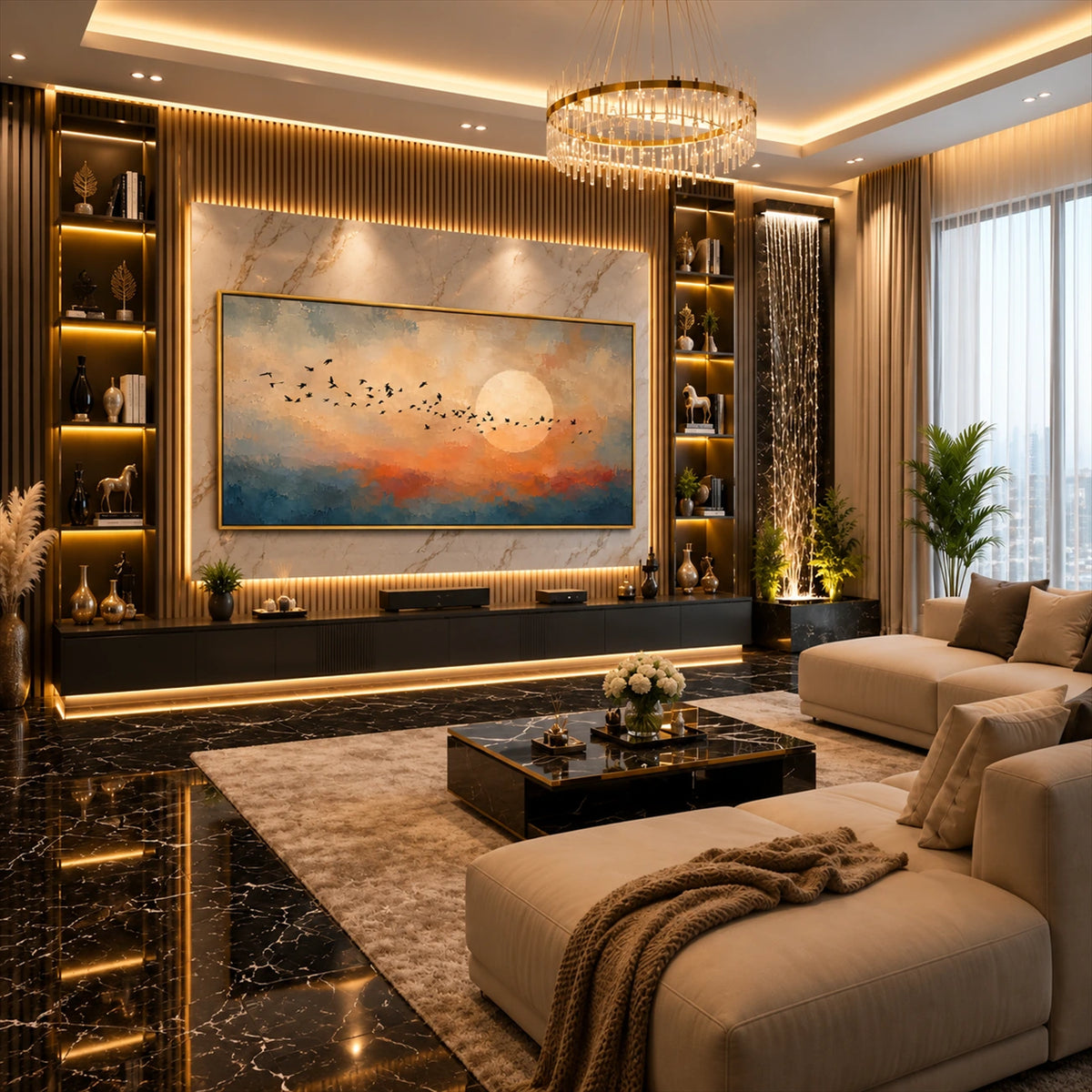 Amber Migration artwork displayed above a console between illuminated shelves.