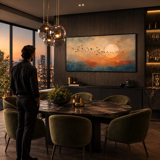 Amber Migration artwork displayed beside a dining table beneath pendant lights.