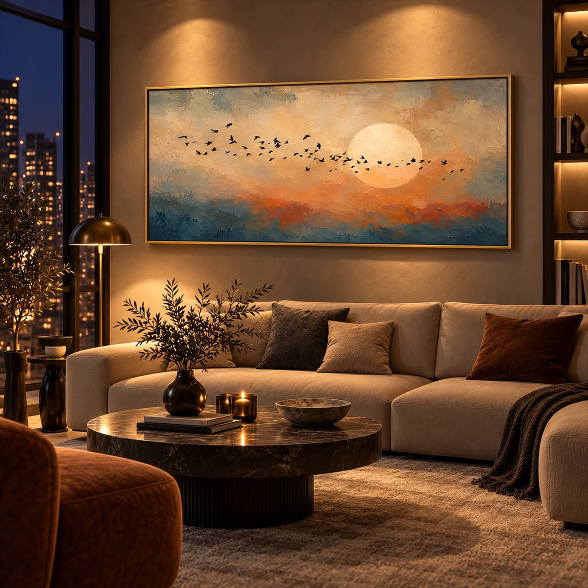 Amber Migration artwork displayed above a curved sofa beside a round table.