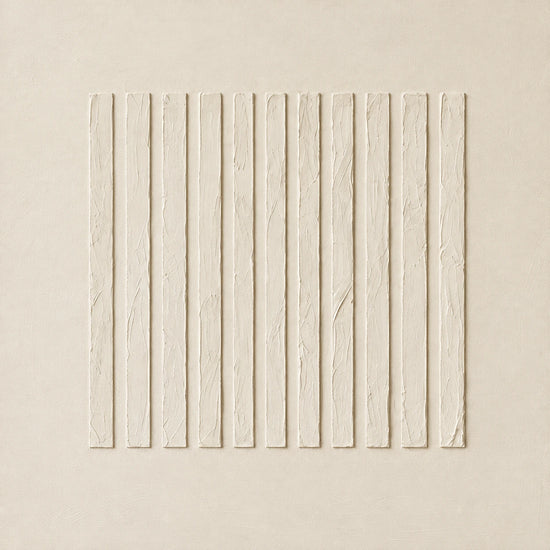 Quiet Fluting full artwork. Slender vertical ridges stand in a centered row against a warm ivory surface.