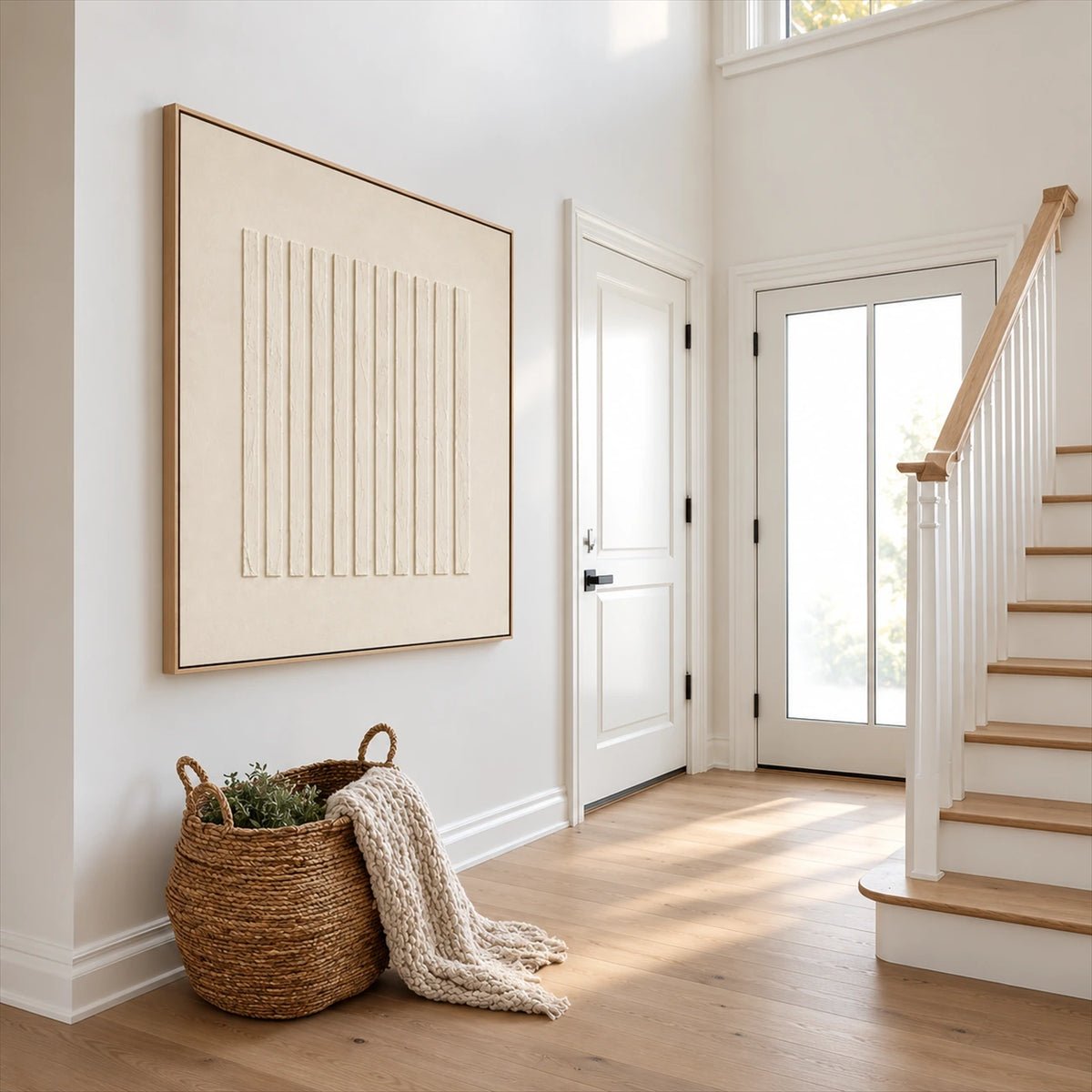 Quiet Fluting artwork displayed beside a staircase in a bright entryway.