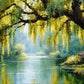 Willow Sanctuary full artwork. A broad willow leans over still green water, its hanging branches filtering sunlight into the sheltered garden.
