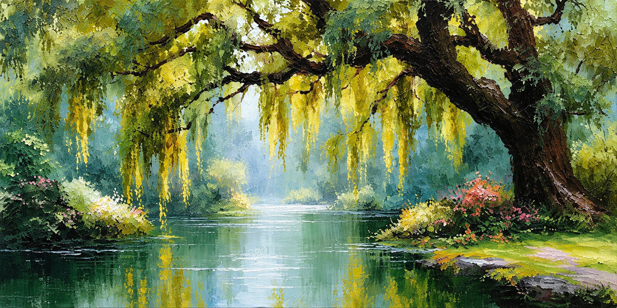 Willow Sanctuary full artwork. A broad willow leans over still green water, its hanging branches filtering sunlight into the sheltered garden.