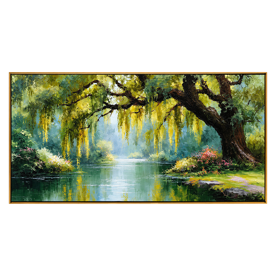 Willow Sanctuary artwork in a natural wood frame on a transparent background.