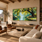 Willow Sanctuary artwork displayed above cream seating and a stone table.