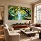 Willow Sanctuary artwork displayed above a console behind white armchairs.