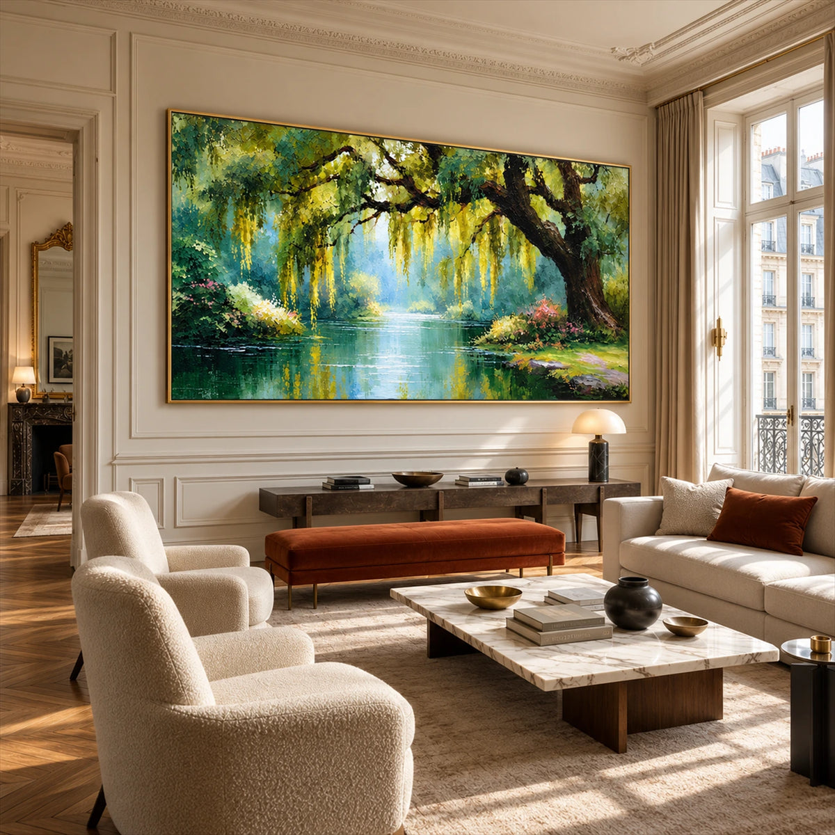 Willow Sanctuary artwork displayed above a console behind white armchairs.