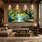 Willow Sanctuary artwork displayed above a gray sectional against timber paneling.