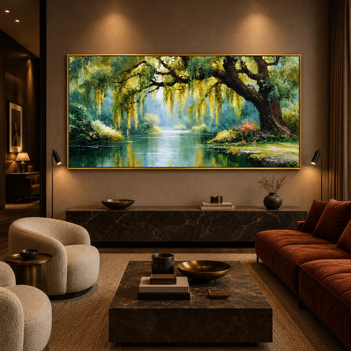 Willow Sanctuary artwork displayed above a dark console between lounge chairs.