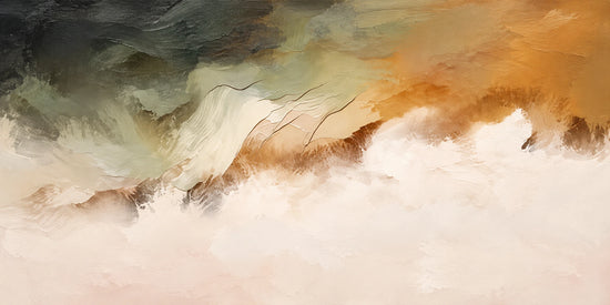 Ochre Mistfall full artwork. Deep charcoal, moss, and ochre washes drift into a wide field of creamy white.