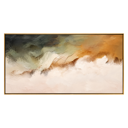 Ochre Mistfall artwork in a natural wood frame on a transparent background.