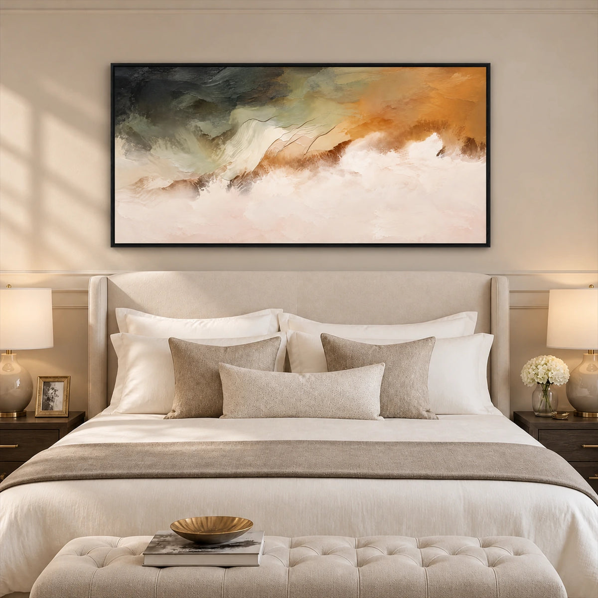 Ochre Mistfall artwork displayed above a bed and upholstered bench.