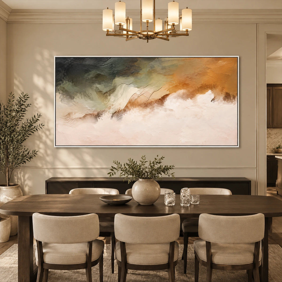 Ochre Mistfall artwork displayed above a dark wooden dining table.