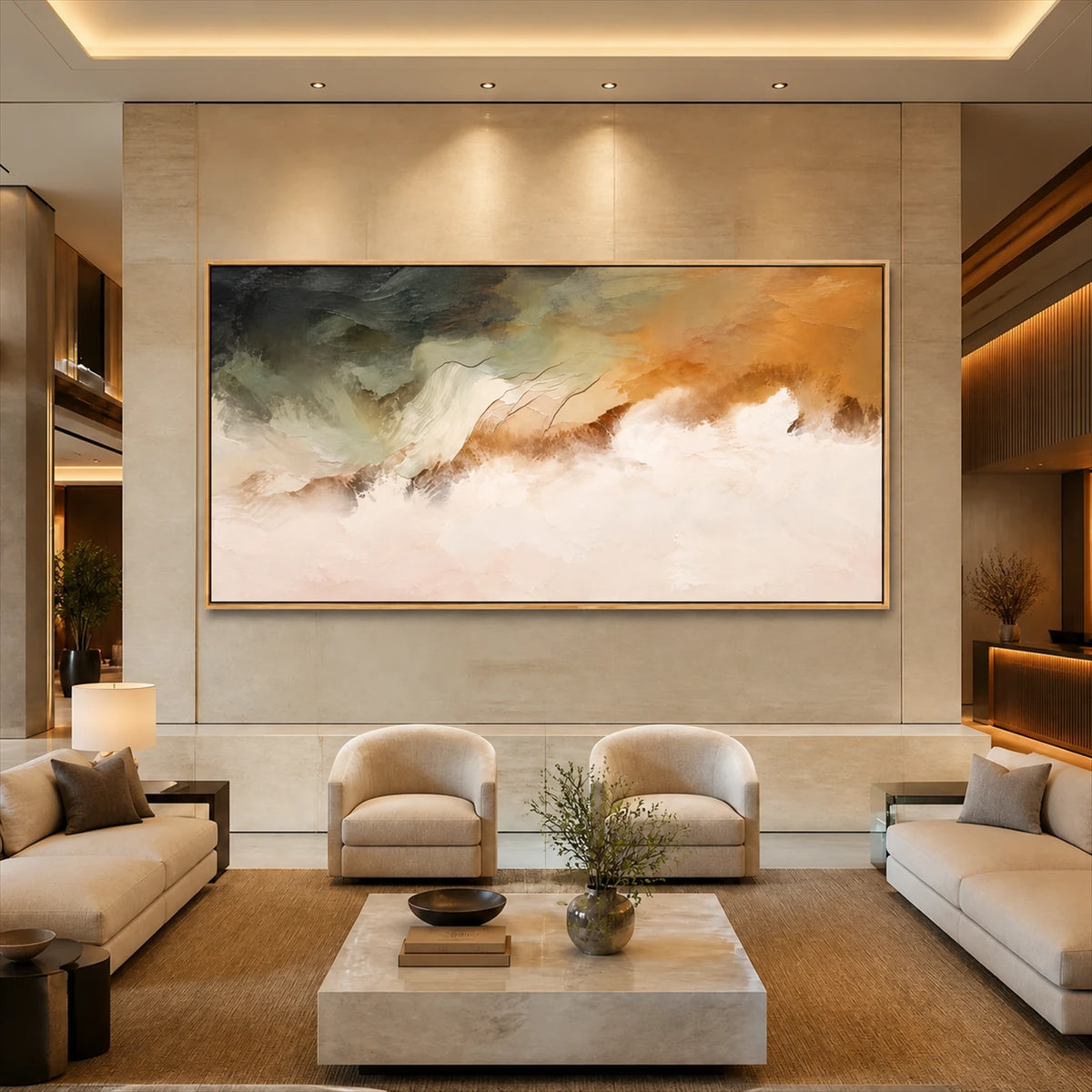 Ochre Mistfall artwork displayed above lounge chairs and a stone table.
