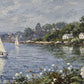 Hydrangea Harbor full artwork. White sails glide across a sheltered blue harbor edged with pale hydrangeas and small waterside cottages.