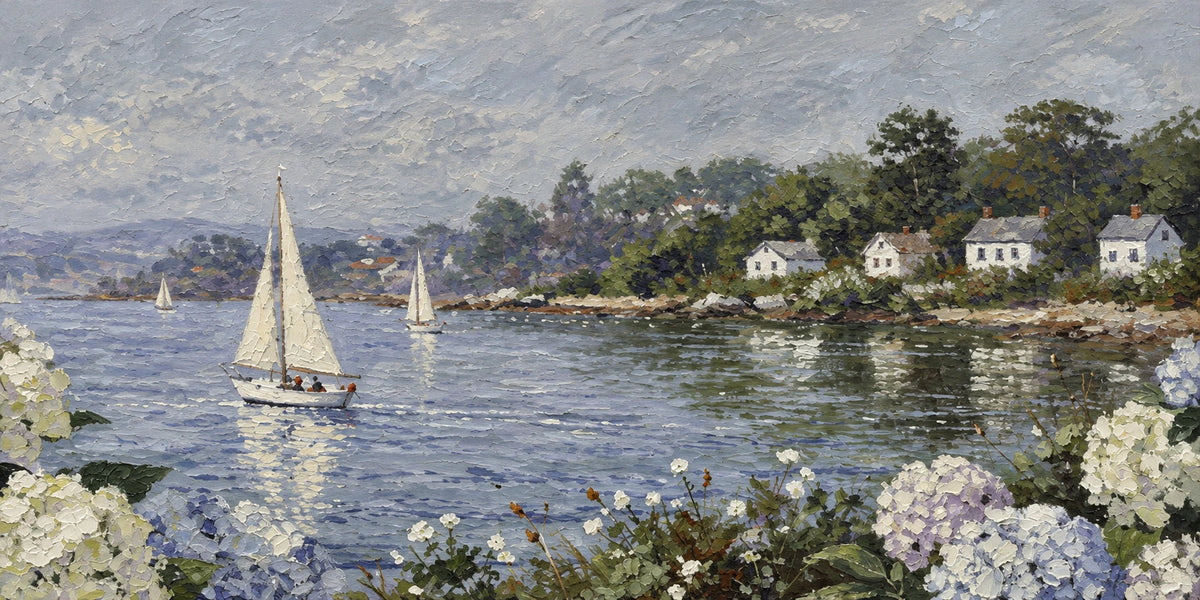 Hydrangea Harbor full artwork. White sails glide across a sheltered blue harbor edged with pale hydrangeas and small waterside cottages.