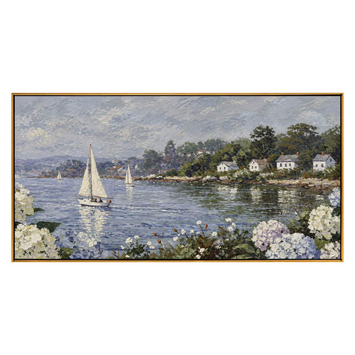 Hydrangea Harbor artwork in a natural wood frame on a transparent background.