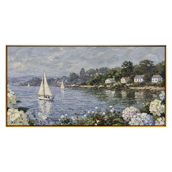 Hydrangea Harbor artwork in a natural wood frame on a transparent background.