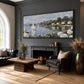Hydrangea Harbor artwork displayed above a fireplace between dark armchairs.