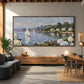 Hydrangea Harbor artwork displayed above a long wooden dining bench.