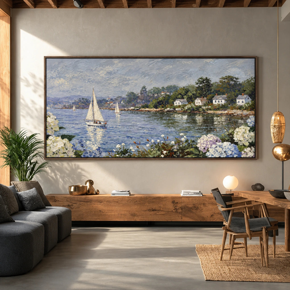 Hydrangea Harbor artwork displayed above a long wooden dining bench.
