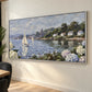 Hydrangea Harbor artwork displayed on a sunlit wall beside a dining chair.