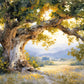 Sunlit Oak full artwork. Golden sunlight filters through the spreading crown of an old oak, illuminating its broad trunk and the meadow beyond.