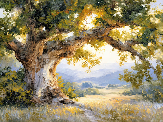Sunlit Oak full artwork. Golden sunlight filters through the spreading crown of an old oak, illuminating its broad trunk and the meadow beyond.