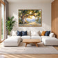 Sunlit Oak artwork displayed above a white sectional.