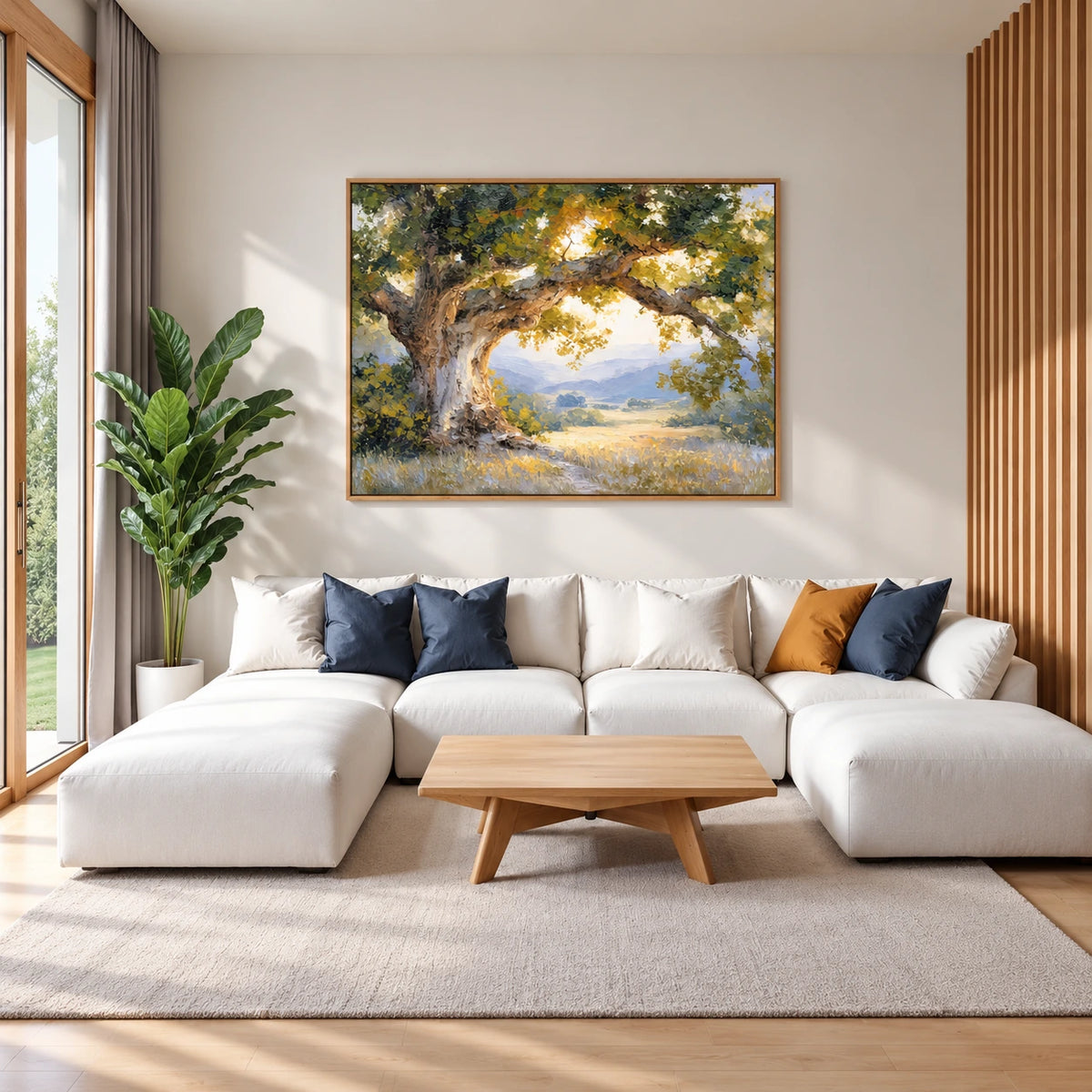 Sunlit Oak artwork displayed above a white sectional.