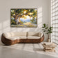 Sunlit Oak artwork displayed above a curved wood-framed sofa.