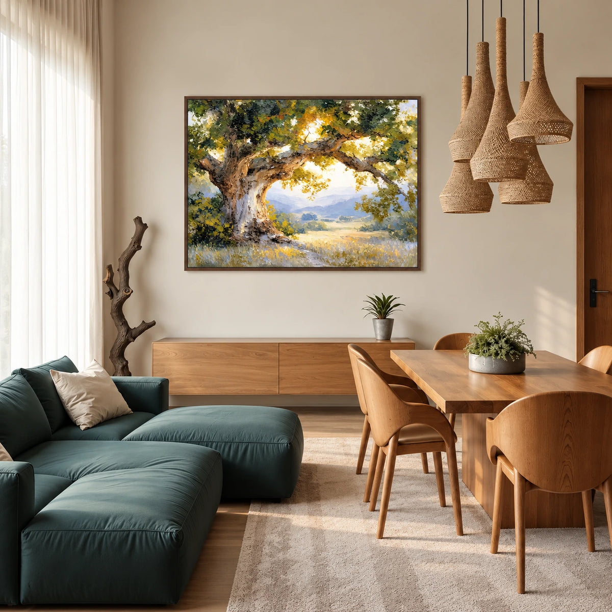 Sunlit Oak artwork displayed above a green sofa beside a dining table.
