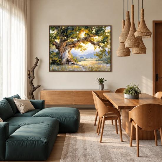 Sunlit Oak artwork displayed above a green sofa beside a dining table.